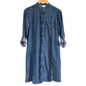 J Jill Denim Chambray Button Up Shirt Dress Sz-S/P Lyocell Roll Tab Long Sleeve